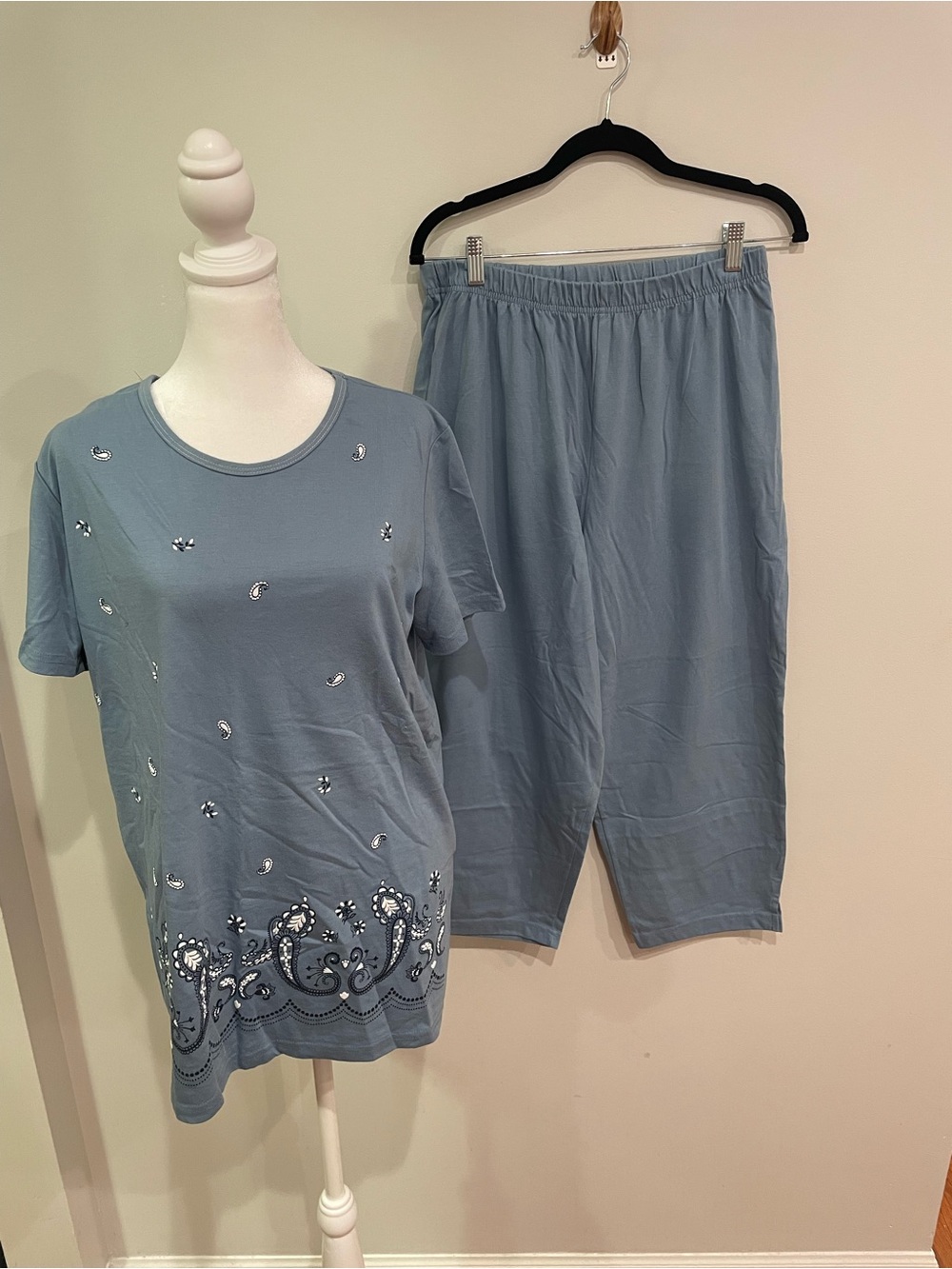 Vintage 90s Basic Editions Blue Embroidered Print Pajama Set Women's Large